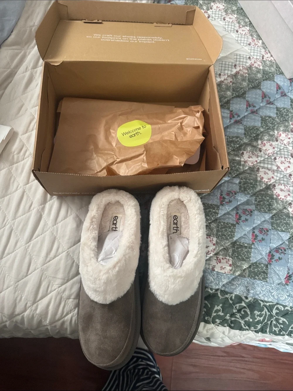 Earth Taupe Suede Slip-Ons with Cream Faux-Fur Collar